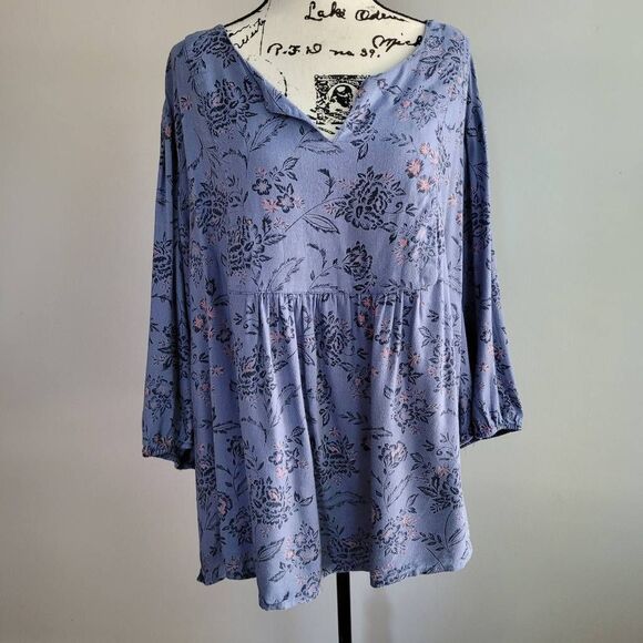 Catherines 4X peasant blouse blue floral top balloon sleeve cottage boho - Picture 1 of 11